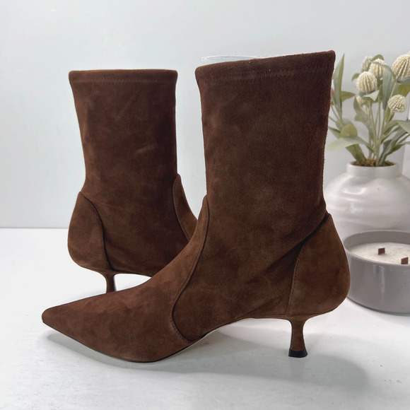Stuart Weitzman Naomi 50 Suede Boot Pointed Toe Kitten Heel Deep Coffee Women 11 - Picture 6 of 11